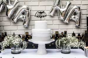 Batman kids' birthday party decor and cake