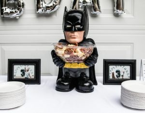 Batman kids' birthday party decor and snack mix bowl