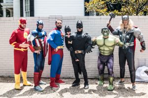 Superhero party costumes; the flash, captain america, superman, batman, the hulk, and thor